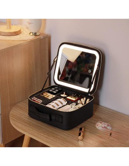 Geanta make-up cu oglinda si lumina LED, geanta alb/negru cosmetice, Elastix