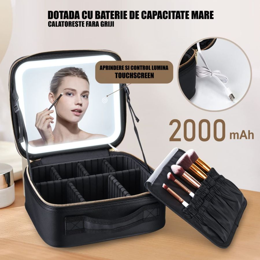 Geanta make-up cu oglinda si lumina LED, geanta...
