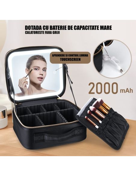 Geanta make-up cu oglinda si lumina LED, geanta alb/negru cosmetice, Elastix