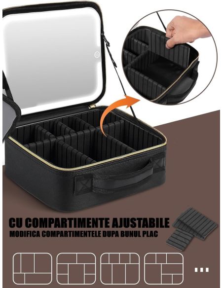 Geanta make-up cu oglinda si lumina LED, geanta alb/negru cosmetice, Elastix