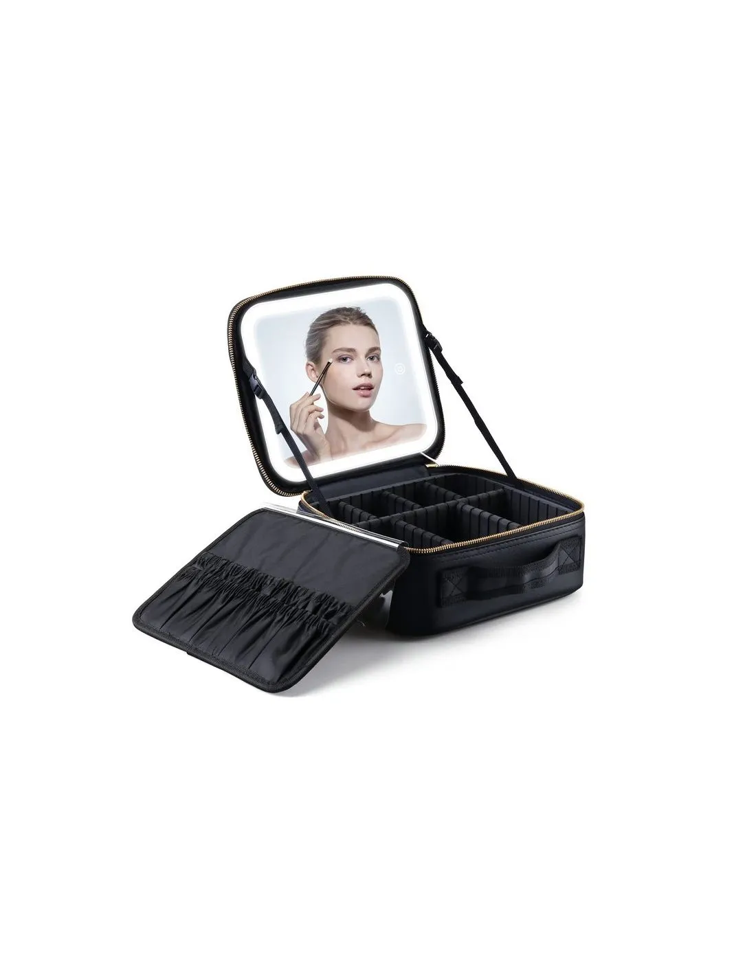 Geanta make-up cu oglinda si lumina LED, geanta alb/negru cosmetice, Elastix
