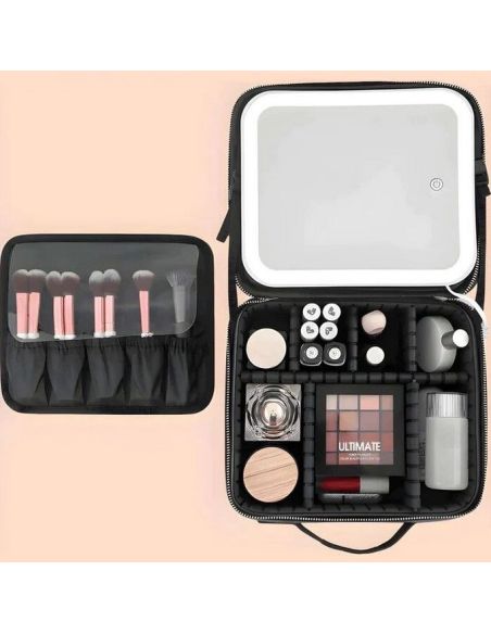 Geanta make-up cu oglinda si lumina LED, geanta alb/negru cosmetice, Elastix