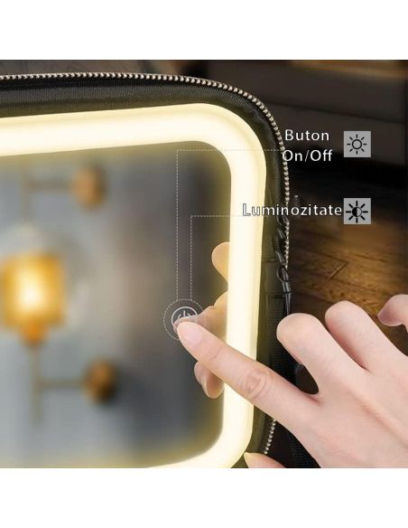 Geanta make-up cu oglinda si lumina LED, geanta alb/negru cosmetice, Elastix