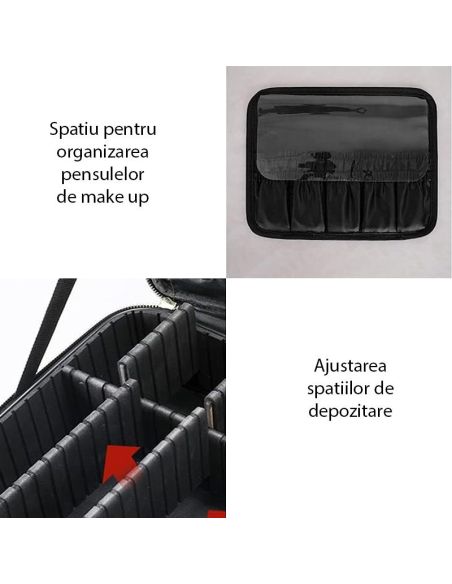 Geanta make-up cu oglinda si lumina LED, geanta alb/negru cosmetice, Elastix