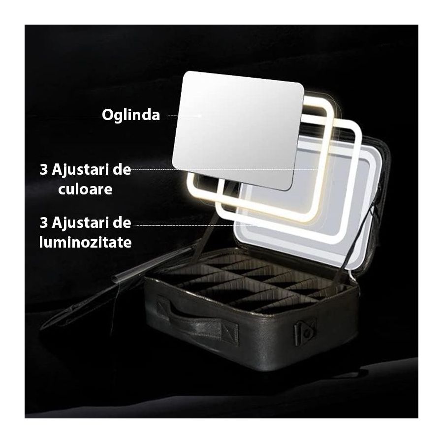 Geanta make-up cu oglinda si lumina LED, geanta...