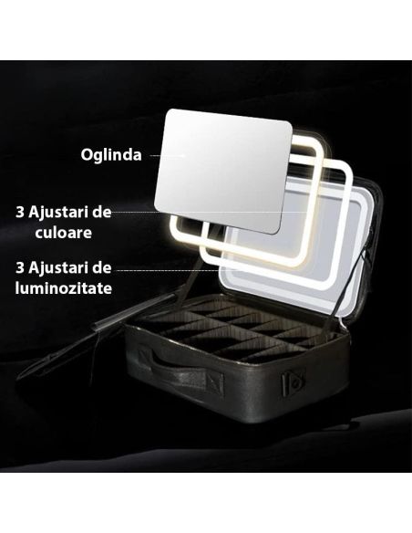 Geanta make-up cu oglinda si lumina LED, geanta alb/negru cosmetice, Elastix