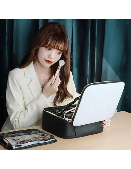 Geanta make-up cu oglinda si lumina LED, geanta alb/negru cosmetice, Elastix