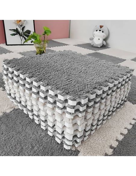 Set 20 bucati mocheta 30 x 30 cm, covor pufos gri tip puzzle, placi covor, placi mocheta Elastix