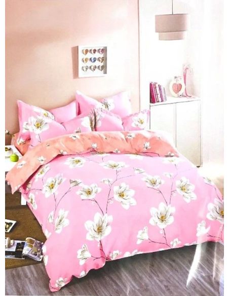 Lenjerie bumbac pink withe flowers, 2persoane, 4 piese, Elastix