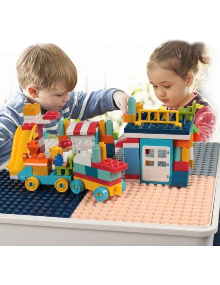 Set 2 mese tip lego pentru copii + 1 scaunel + 186 cuburi si 4 cutii depozitare, masa lego ajustabila, masuta activitati