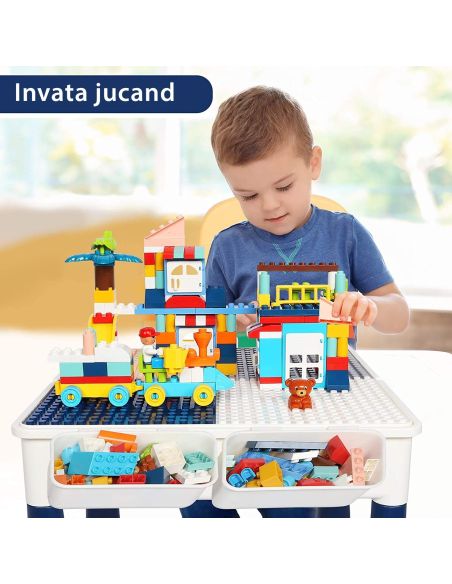 Set 2 mese tip lego pentru copii + 1 scaunel + 186 cuburi si 4 cutii depozitare, masa lego ajustabila, masuta activitati