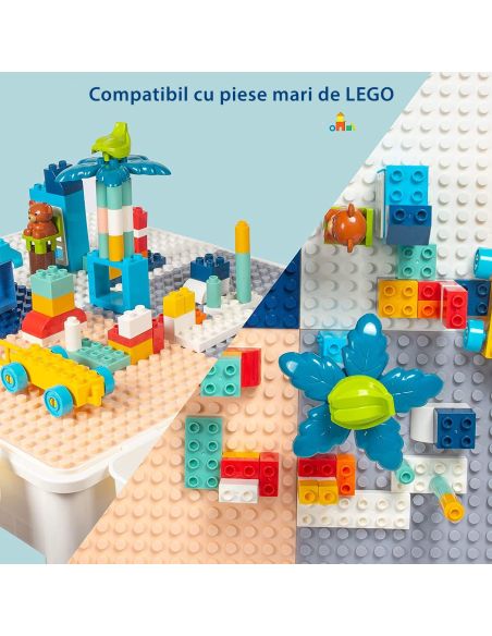 Set 2 mese tip lego pentru copii + 1 scaunel + 186 cuburi si 4 cutii depozitare, masa lego ajustabila, masuta activitati