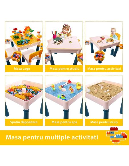 Set 2 mese tip lego pentru copii + 1 scaunel + 186 cuburi si 4 cutii depozitare, masa lego ajustabila, masuta activitati
