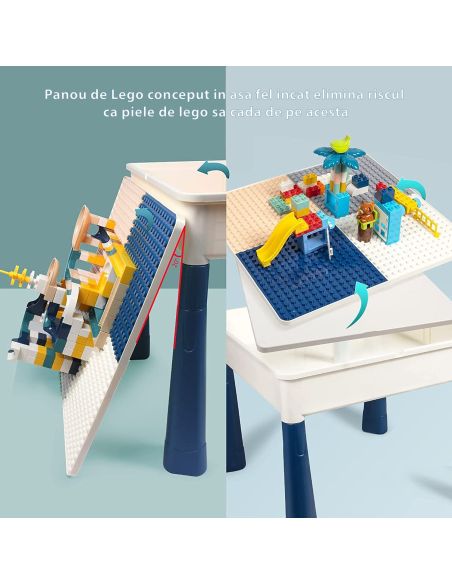 Set 2 mese tip lego pentru copii + 1 scaunel + 186 cuburi si 4 cutii depozitare, masa lego ajustabila, masuta activitati