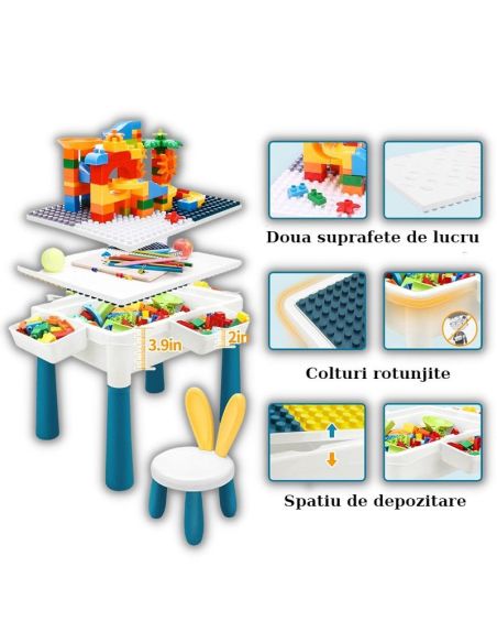 Set 2 mese tip lego pentru copii + 1 scaunel + 186 cuburi si 4 cutii depozitare, masa lego ajustabila, masuta activitati