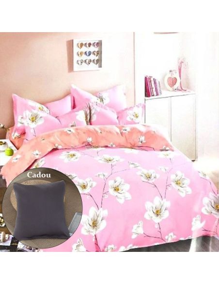 Lenjerie bumbac pink withe flowers, 2persoane, 4 piese, Elastix